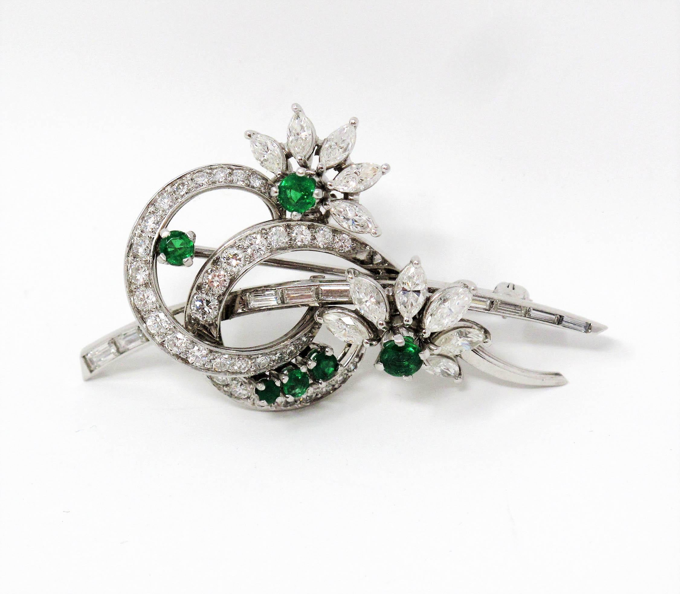 Emerald and Multi Shape Diamond Swirling Design with Flowers Platinum Brooch For Sale 3