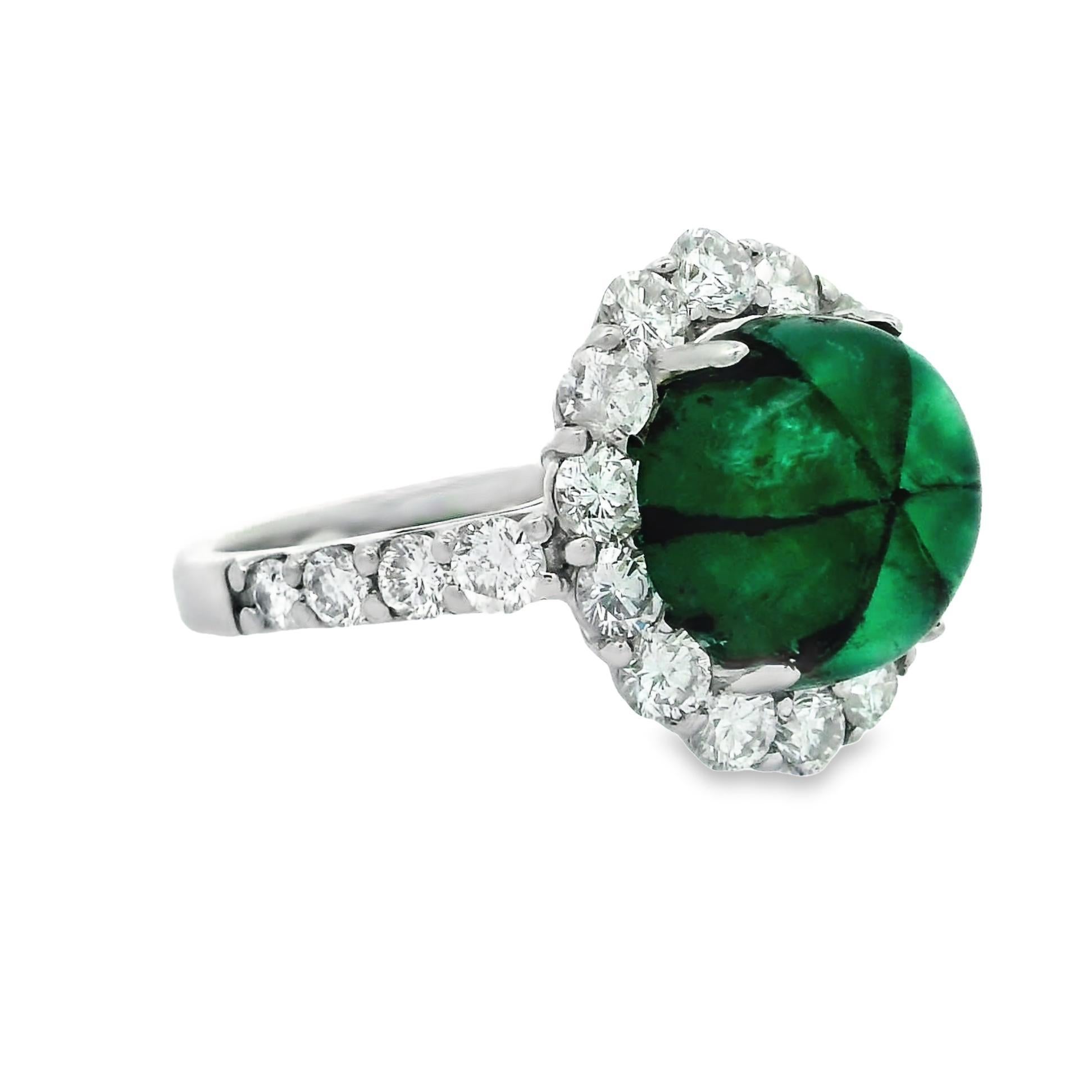 Cabochon 3.59 Carat Trapiche Emerald Diamond Platinum Ring For Sale