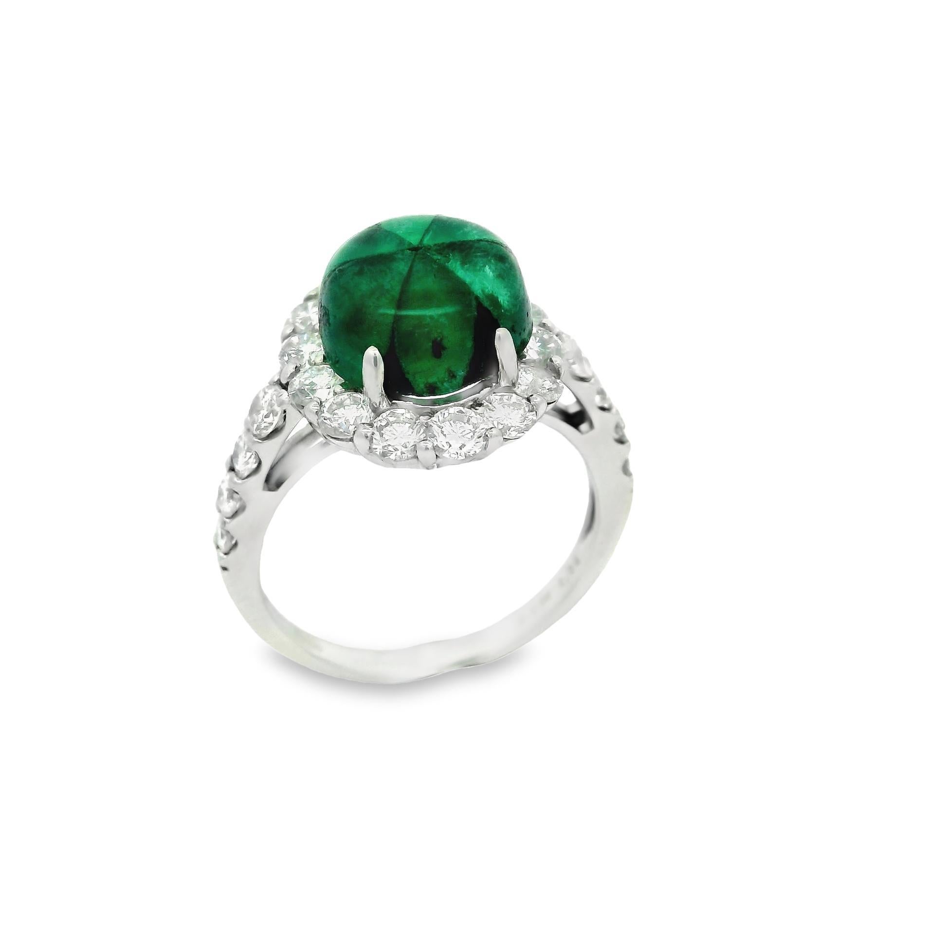 Cabochon 3.59 Carat Trapiche Emerald Diamond Platinum Ring For Sale