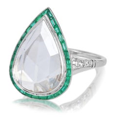 3.59 Carats Rose Cut Diamond Emerald Halo Platinum Engagement Ring