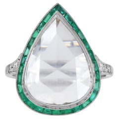 3.59 Carats Rose Cut Diamond Emerald Halo Platinum Engagement Ring