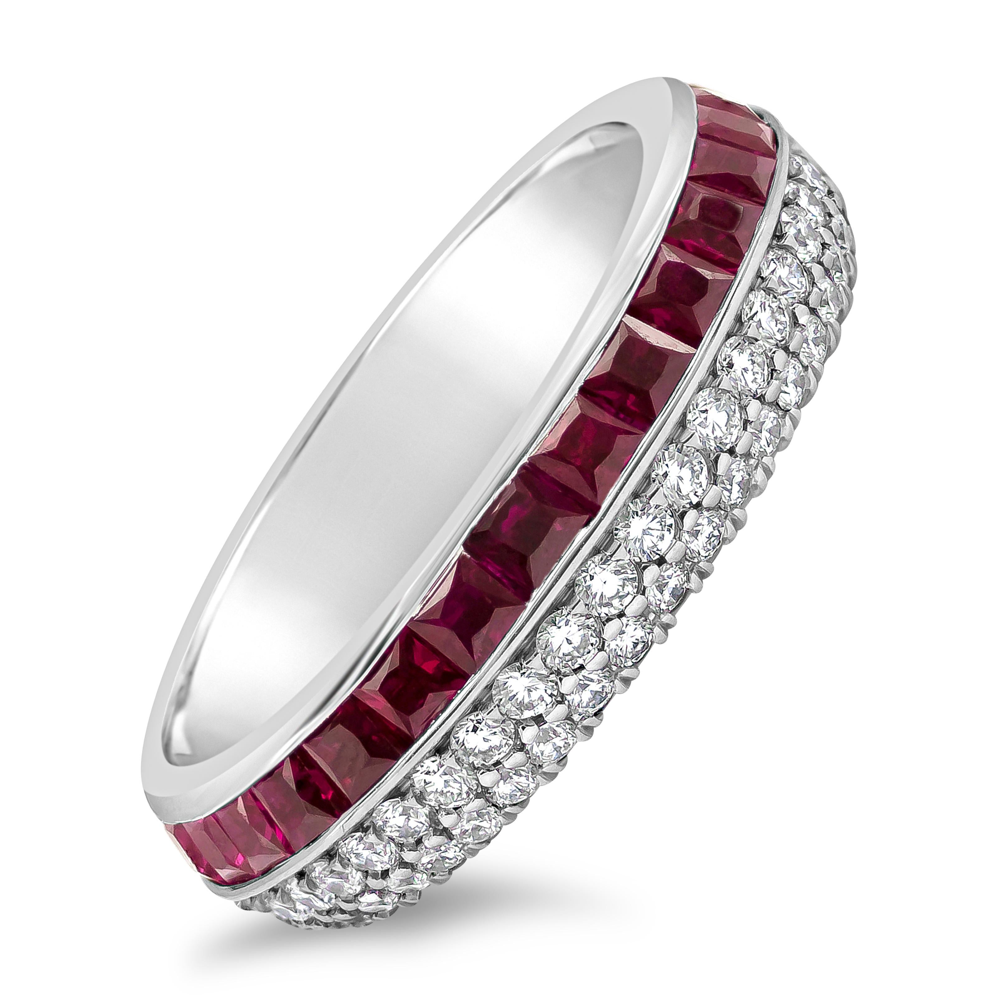 A modern and chic wedding band style featuring a row of square-cut color-rich rubies weighing 2.49 carats total and round brilliant diamonds weighing 1.10 carats total. The ring is designed to be reversible with either gemstone or diamond to