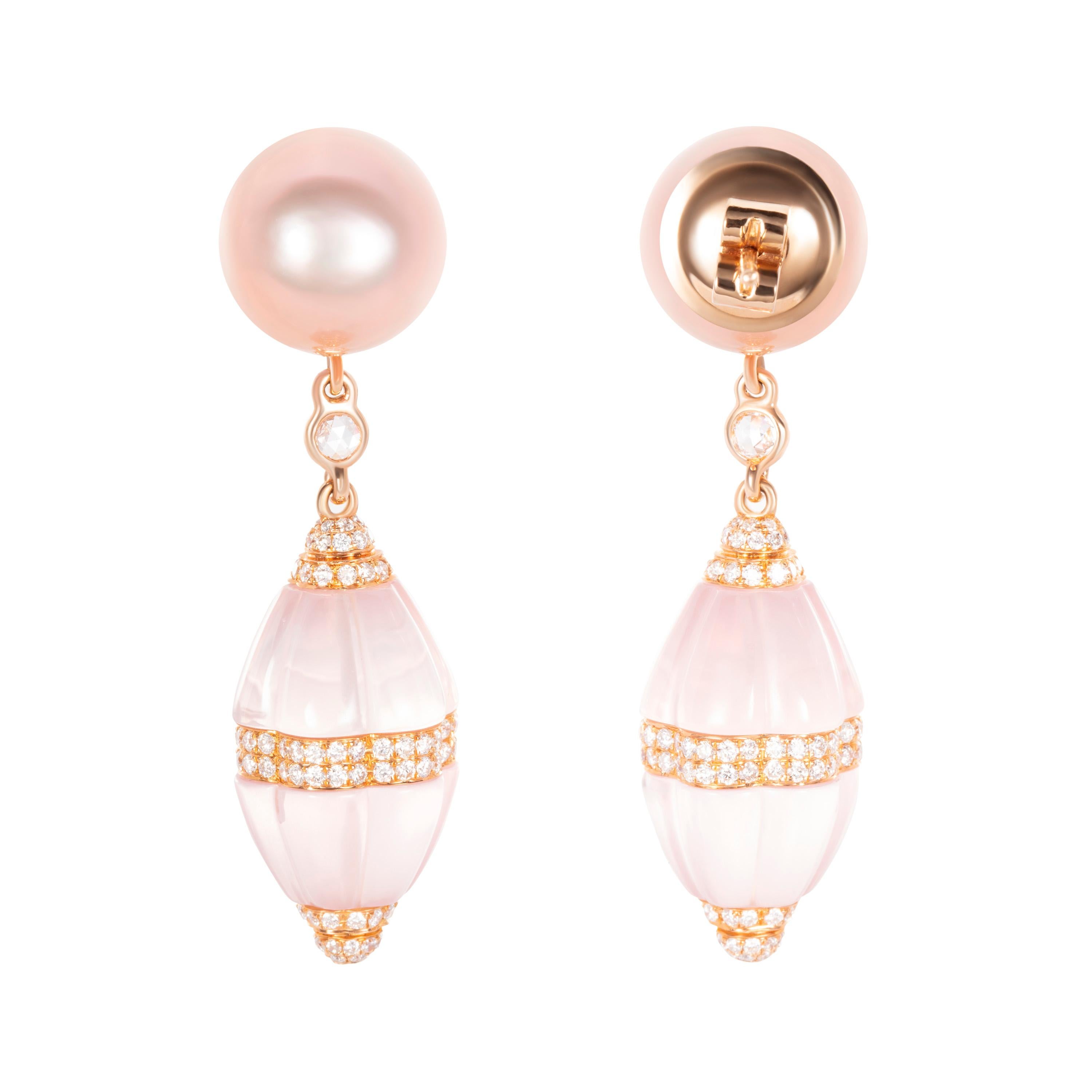 Contemporary 35.90 Carat Pink Crystal Pink Pearl Diamond 18K Rose Gold Drop Earrings For Sale