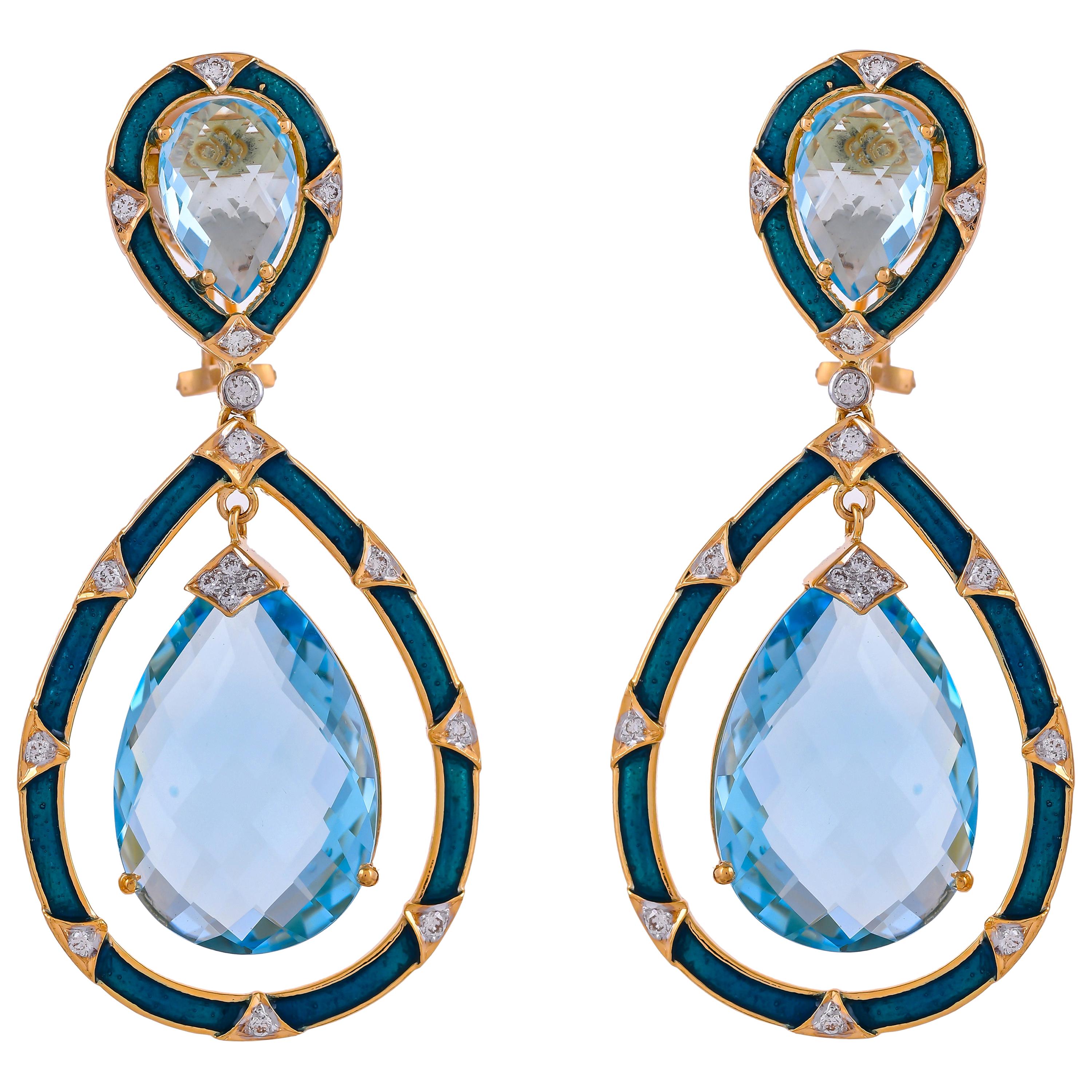 35.99 Carat Blue Topaz Enamel Diamond 18 Karat Yellow Gold Teardrop Earring For Sale