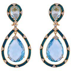 35.99 Carat Blue Topaz Enamel Diamond 18 Karat Yellow Gold Teardrop Earring