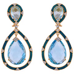 35.99 Carat Blue Topaz Enamel Diamond 18 Karat Yellow Gold Teardrop Earring