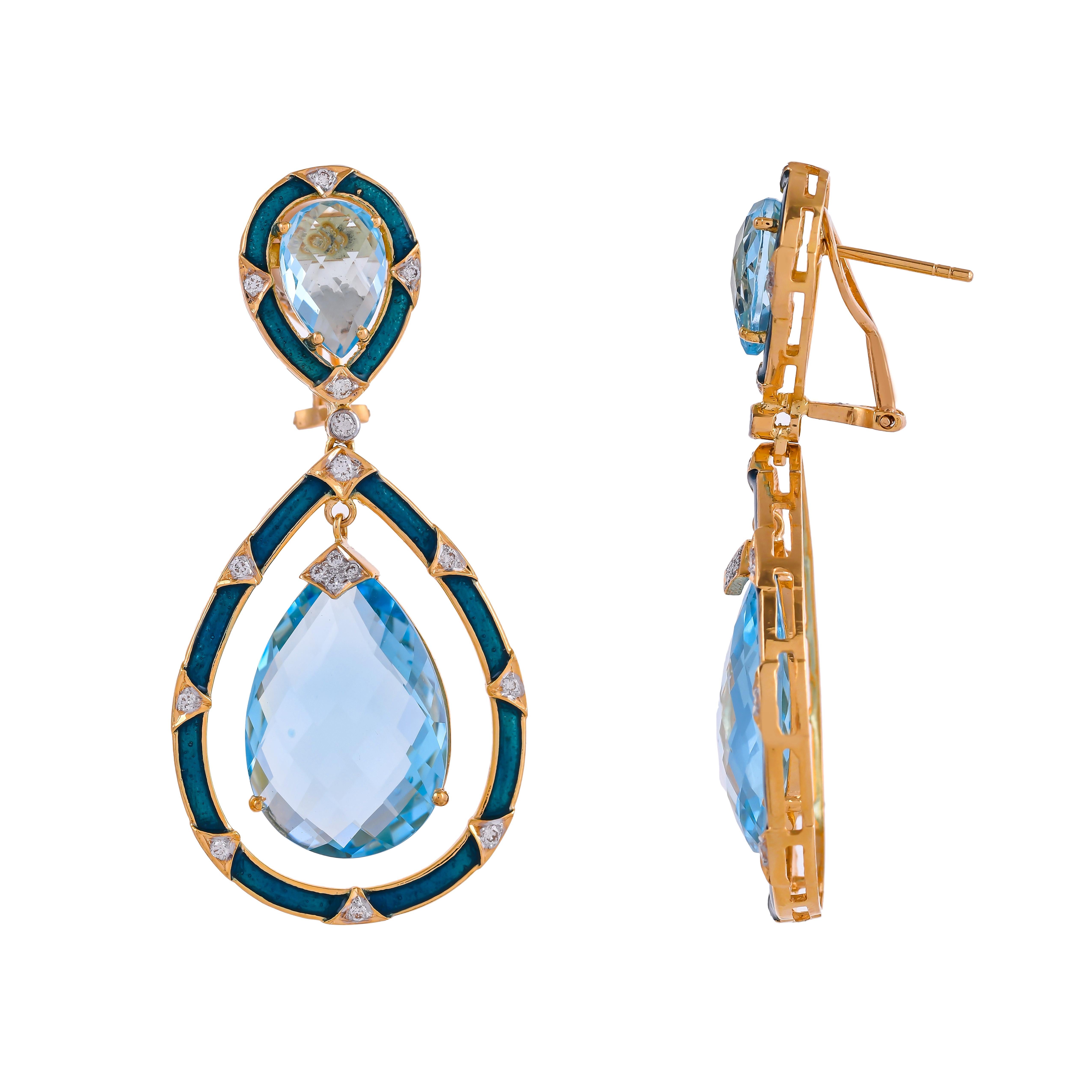 Mounted in 18 karats yellow gold, this contemporary and stylish earring is from the collection 'color story'. This elegant earring features 35.99 carats sky blue topaz teardrop enhanced with matching jewel tone of enamel and 0.51 carats diamonds to
