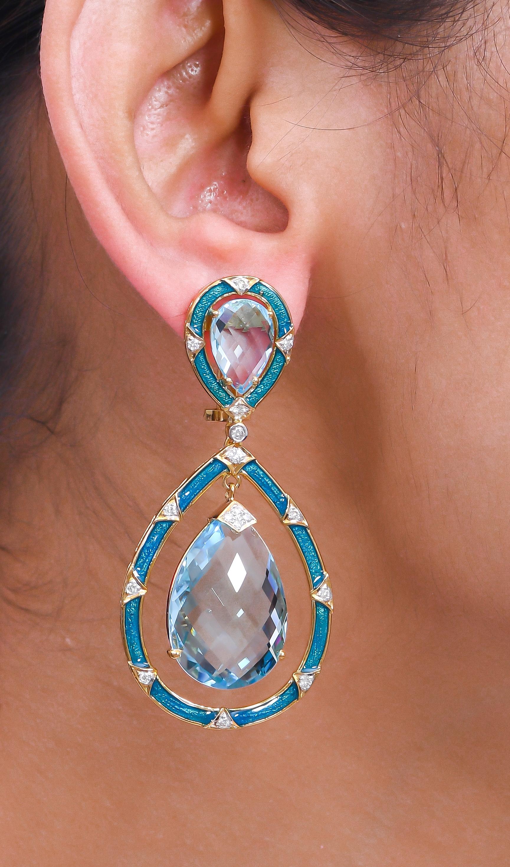 Briolette Cut 35.99 Carat Blue Topaz Enamel Diamond 18 Karat Yellow Gold Teardrop Earring For Sale