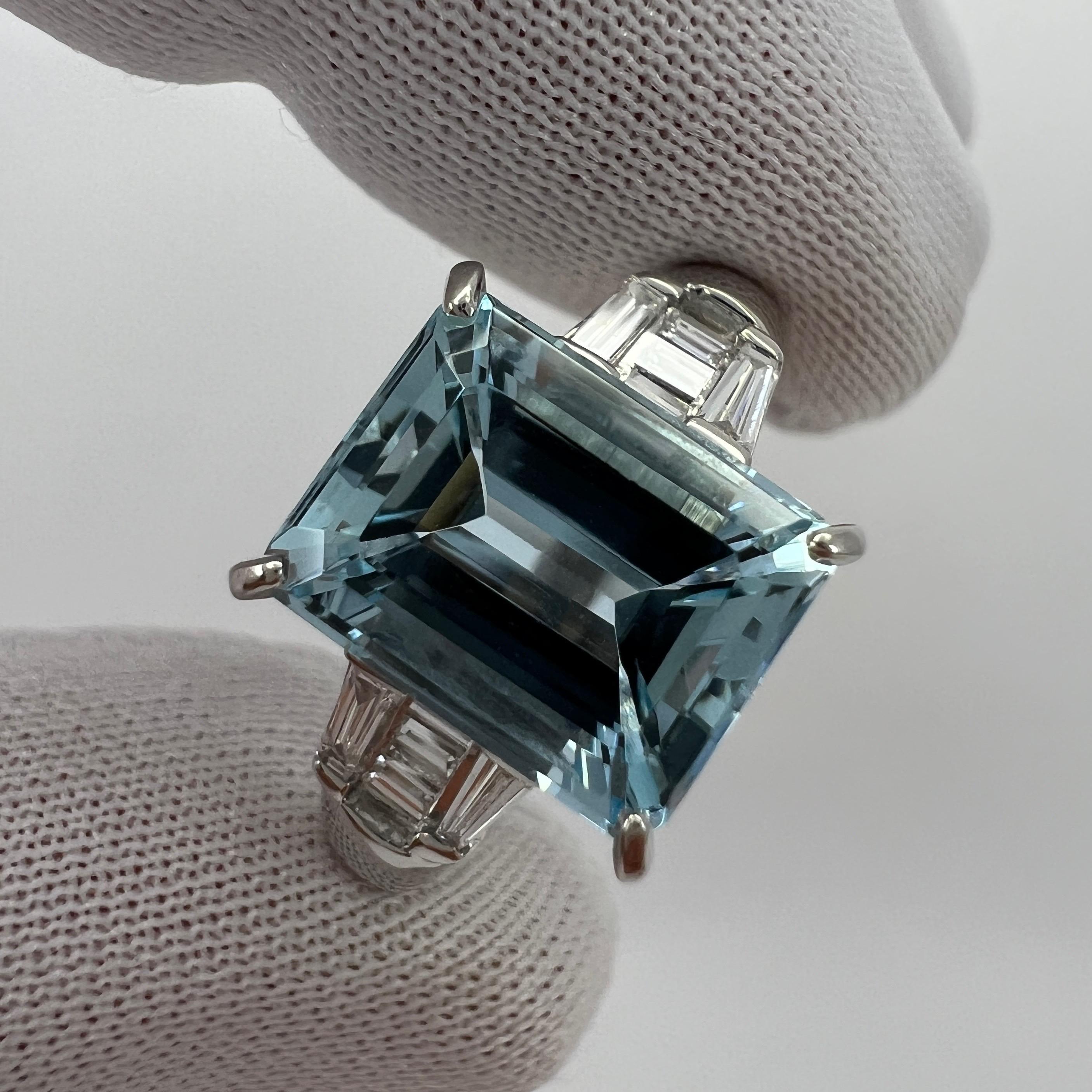 Women's or Men's 3.59 Carat Fine Blue Emerald Cut Aquamarine & Baguette Diamond Platinum Ring