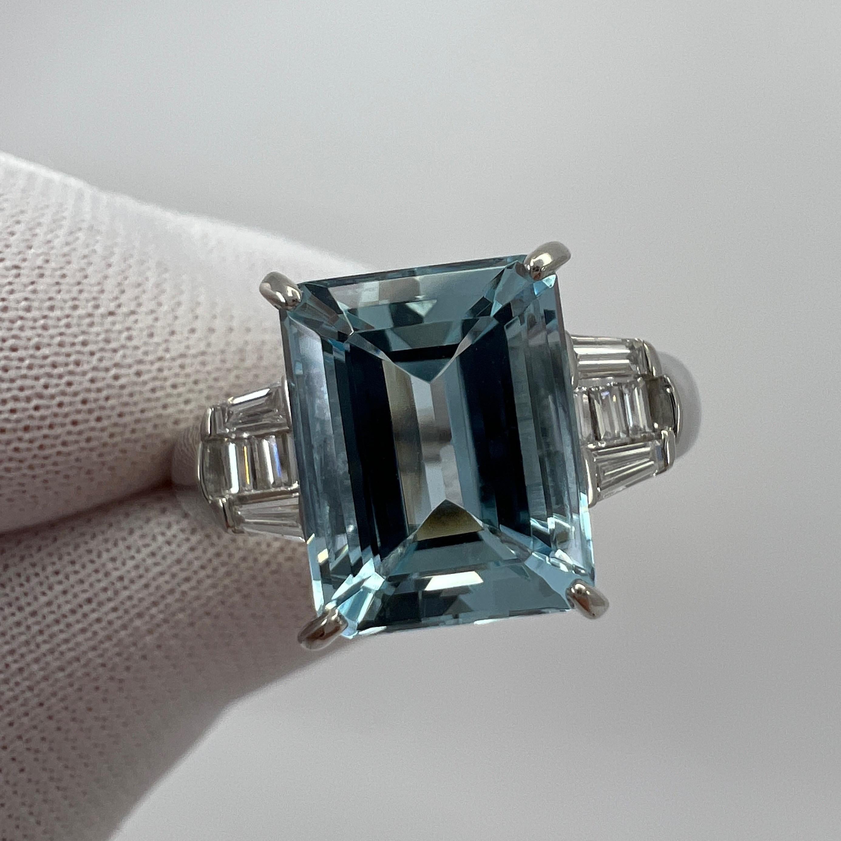 3.59 Carat Fine Blue Emerald Cut Aquamarine & Baguette Diamond Platinum Ring 1