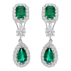 3.59Ct Octagon Emerald Pear Drop Earrings 2.88Ct Halo Diamond 14k White Gold