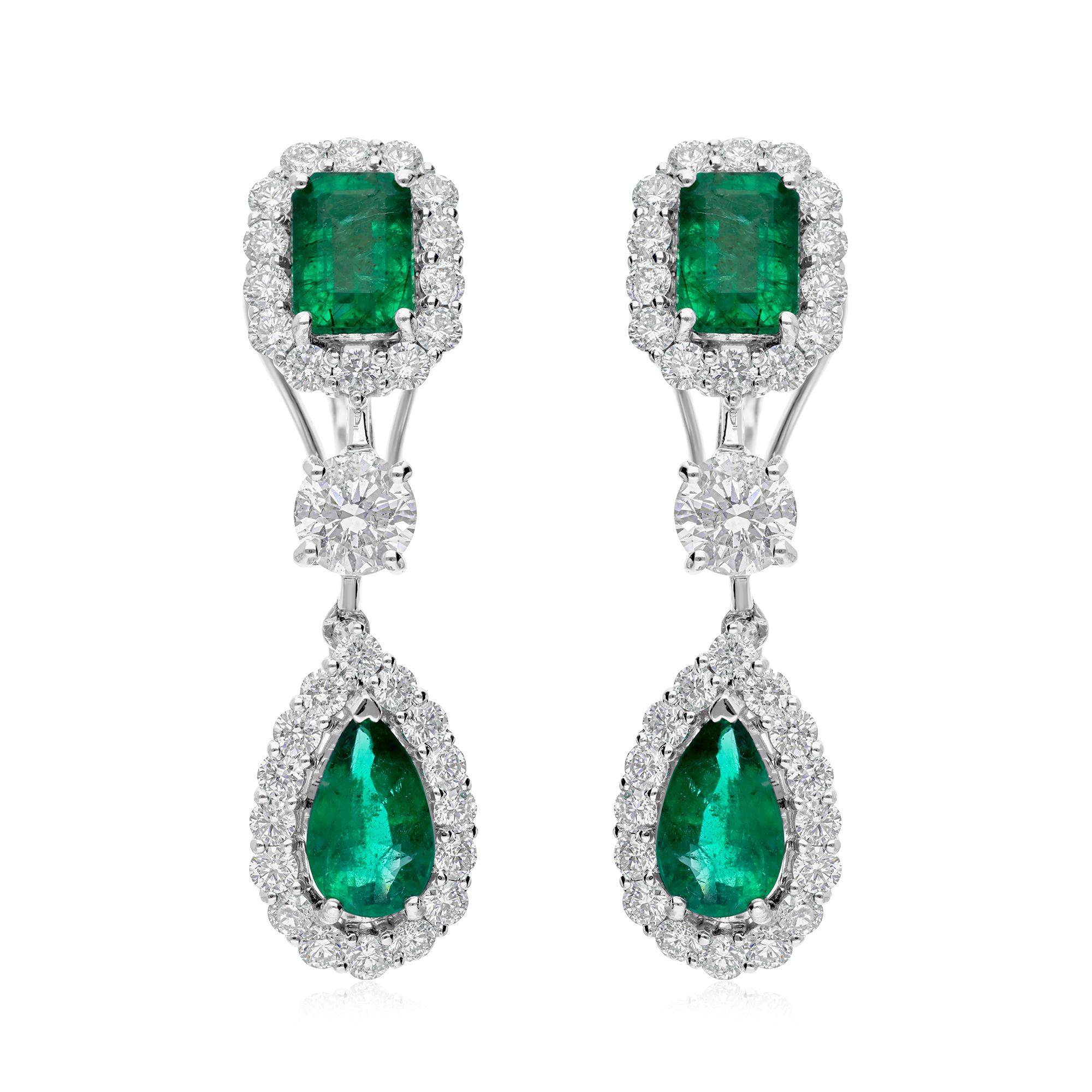 3.59Ct Octagon Emerald Pear Drop Earrings 2.88Ct Halo Diamond 18k White Gold