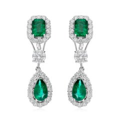 3.59Ct Octagon Emerald Pear Drop Earrings 2.88Ct Halo Diamond 18k White Gold