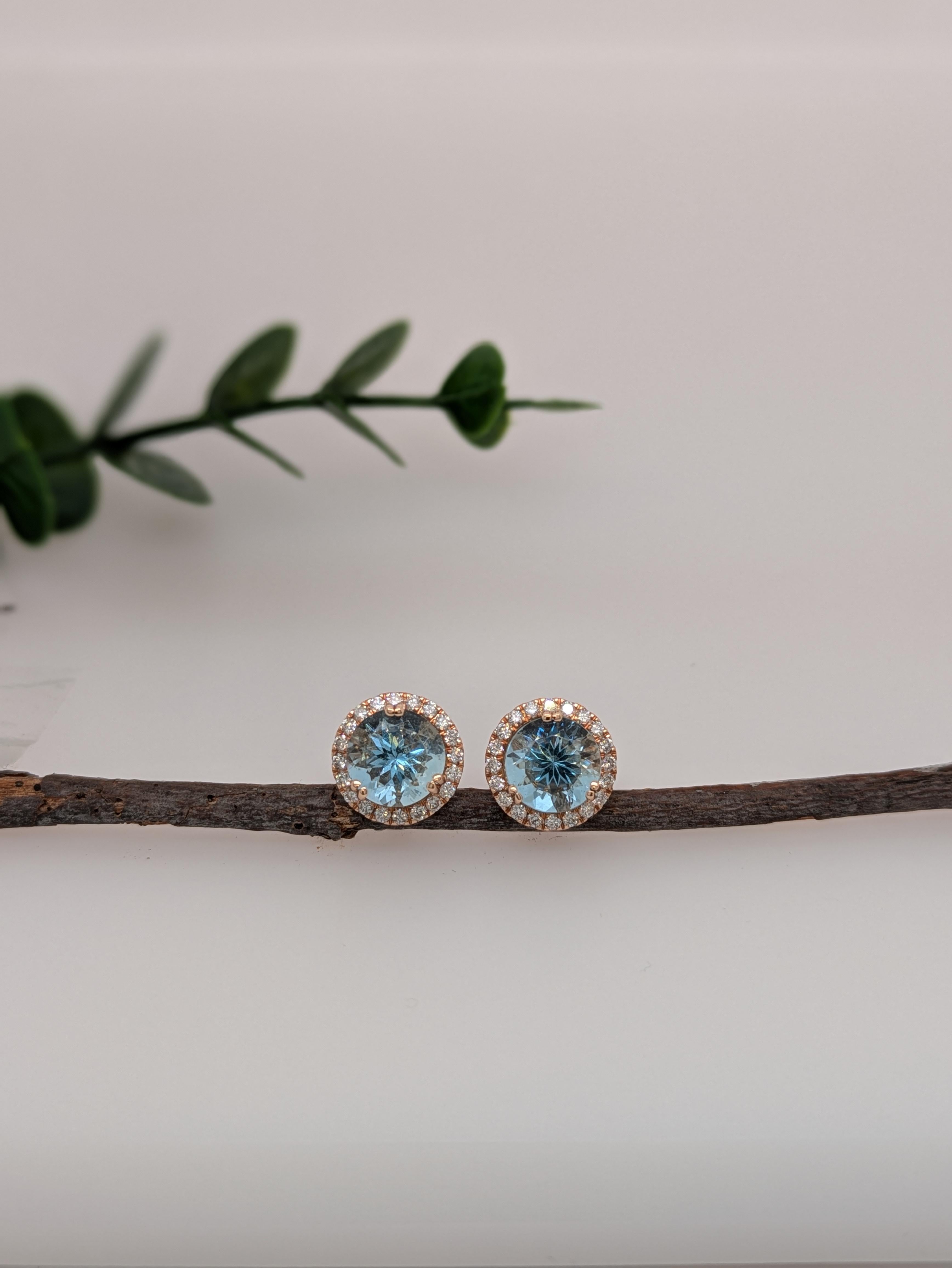 Taille ronde 3.59cts Aigue-marine Diamant Boucles d'oreilles en or jaune 14K  Rond 8mm en vente