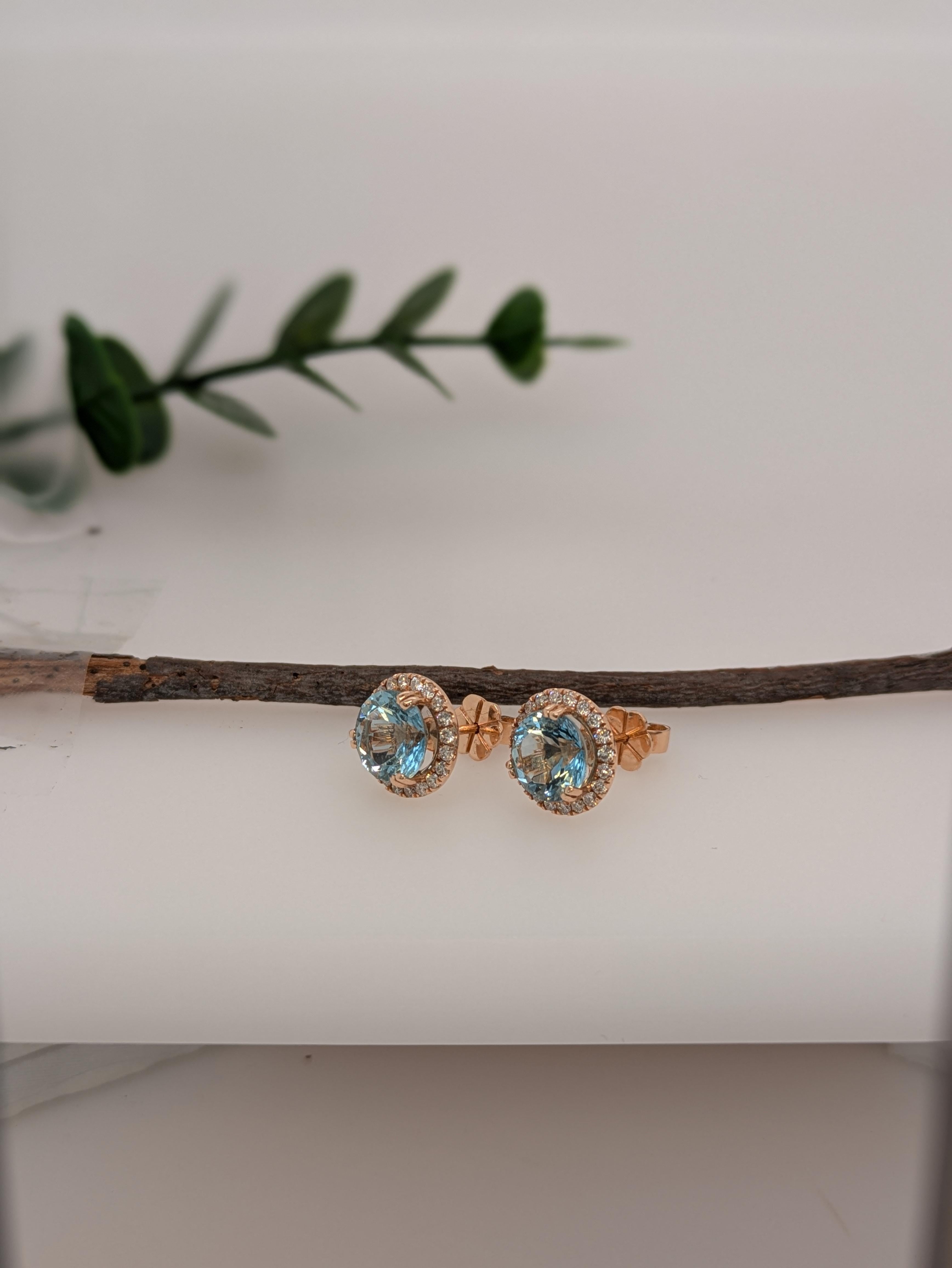 3.59cts Aigue-marine Diamant Boucles d'oreilles en or jaune 14K  Rond 8mm Neuf - En vente à Columbus, OH