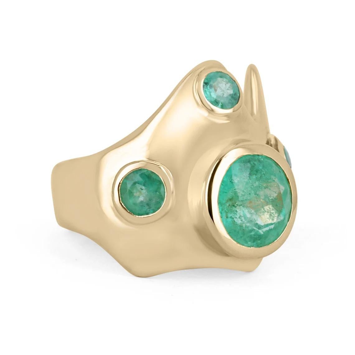 Take a glimpse, at this extraordinary funky Colombian emerald ring. The center stone, which is the largest emerald showcased is a whopping 2.30-carats, and displays a beautiful spring green color, with remarkable characteristics. Accenting the