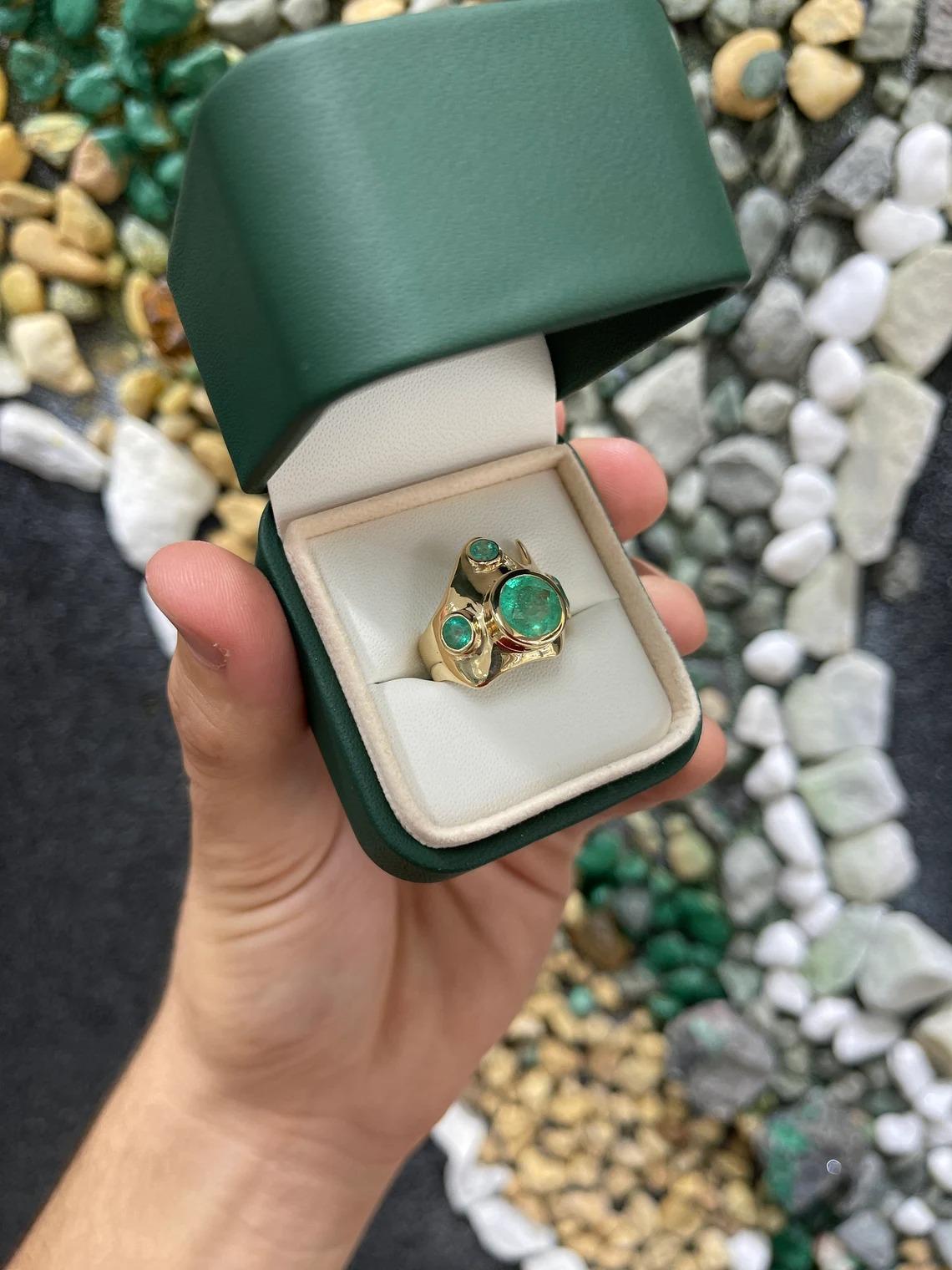 3.59tcw 14K Colombian Emerald Multi Round Cut Chunky Bezel Irregular Gold Ring For Sale 1