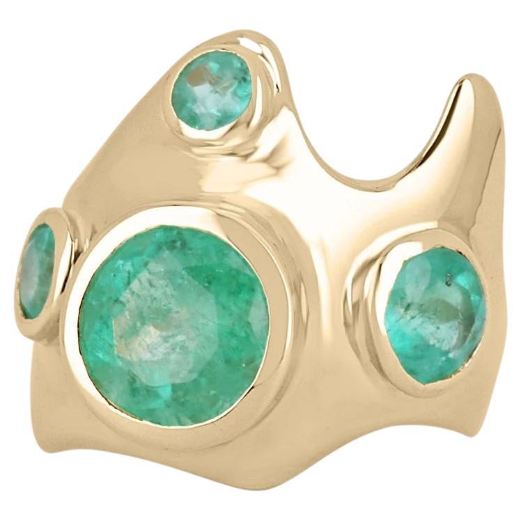 3.59tcw 14K Colombian Emerald Multi Round Cut Chunky Bezel Irregular Gold Ring