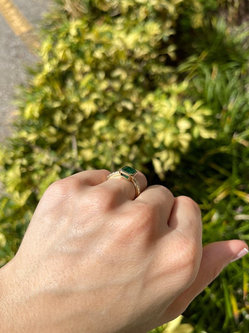 3.59tcw 14K Emerald Cut Emerald & Diamond Ring - Deep Green Bezel Set Design For Sale 5