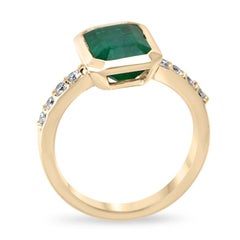 3.59tcw 14K Emerald Cut Emerald & Diamond Ring - Deep Green Bezel Set Design