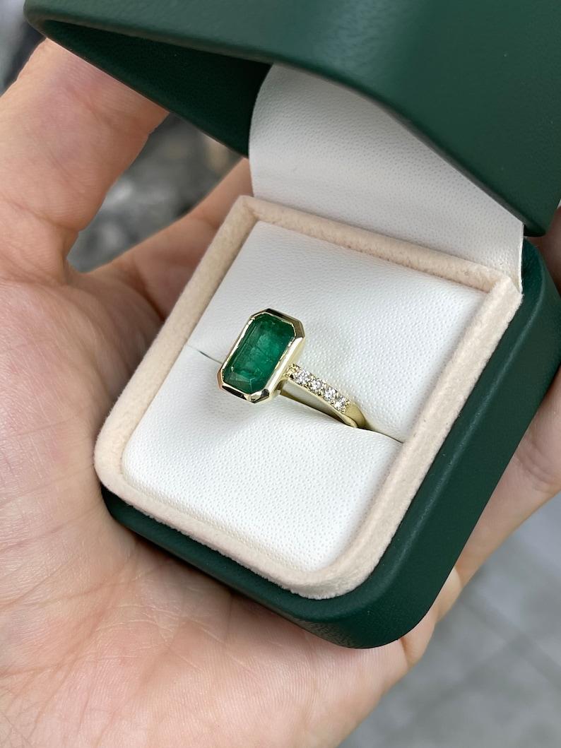 Women's 3.59tcw 14K Emerald Cut Emerald & Diamond Ring - Deep Green Bezel Set Design For Sale