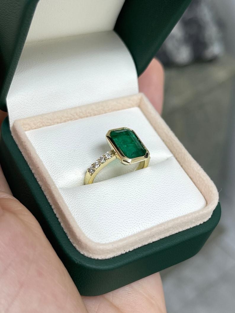 3.59tcw 14K Emerald Cut Emerald & Diamond Ring - Deep Green Bezel Set Design For Sale 1