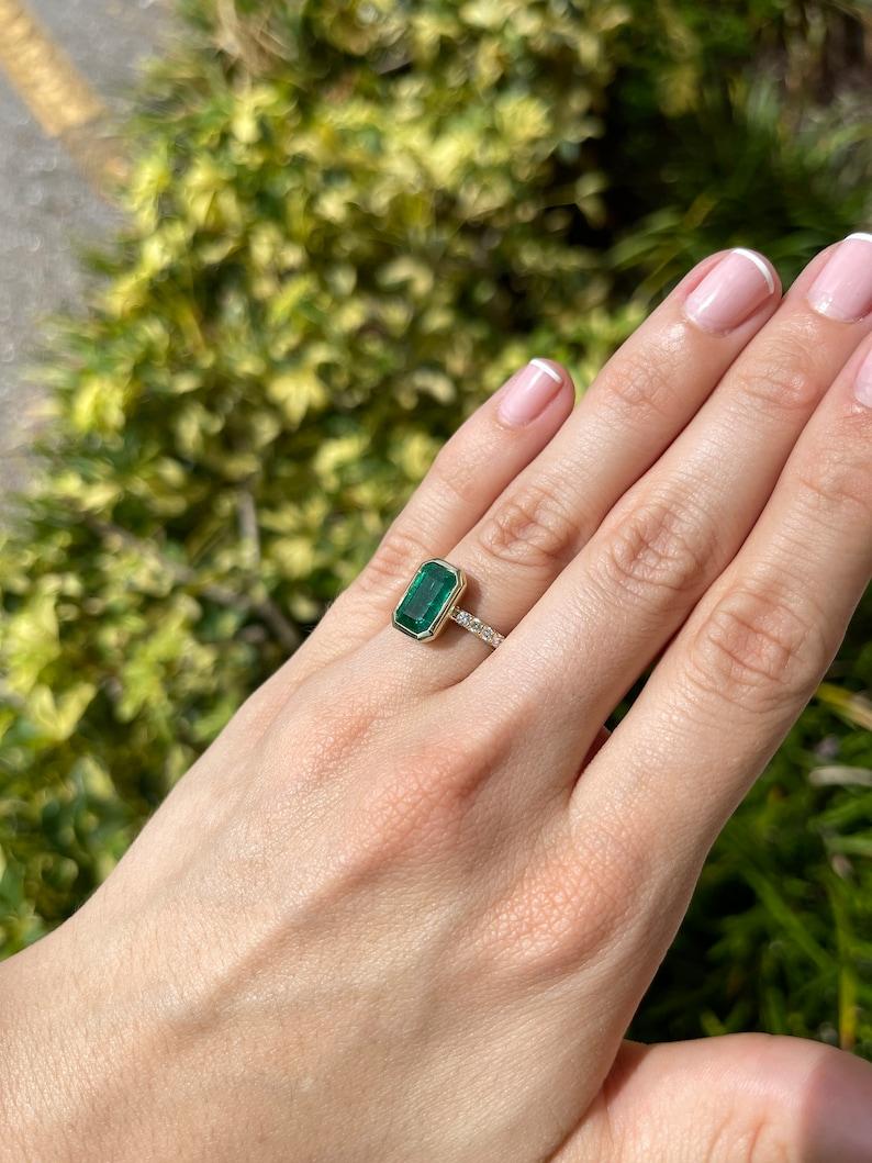 3.59tcw 14K Emerald Cut Emerald & Diamond Ring - Deep Green Bezel Set Design For Sale 4