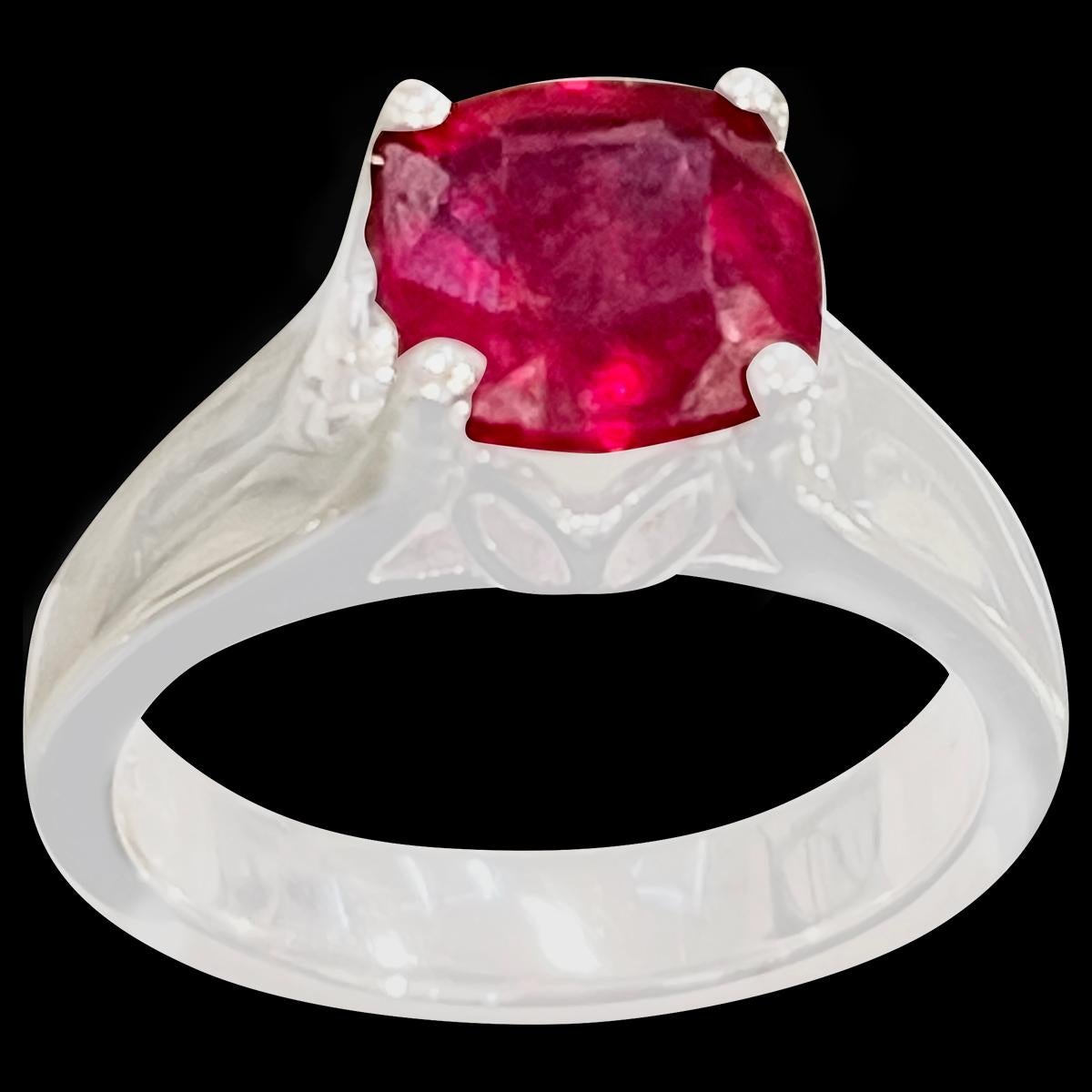 3.5Carat Cushion Treated Ruby 14 Karat White Gold Ring Size 6.5

Its a treated ruby prong set
14 Karat White 6.55.75  ( can be altered for no charge )
Extremally beautiful and solidly make ring. 
This ring is on clearance and is priced very
