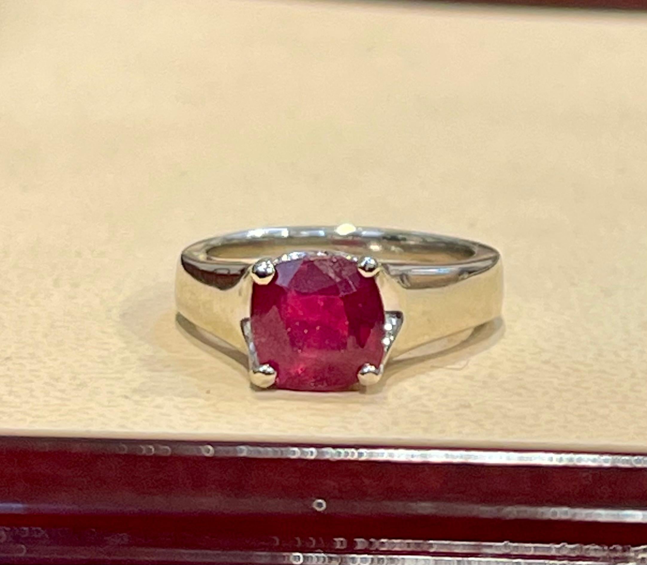 3.5 Carat Cushion Treated Ruby 14 Karat White Gold Ring For Sale 2