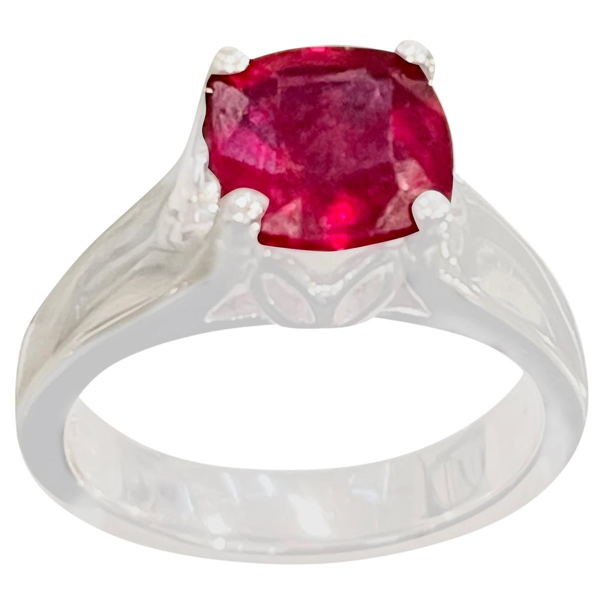 3.5 Carat Cushion Treated Ruby 14 Karat White Gold Ring