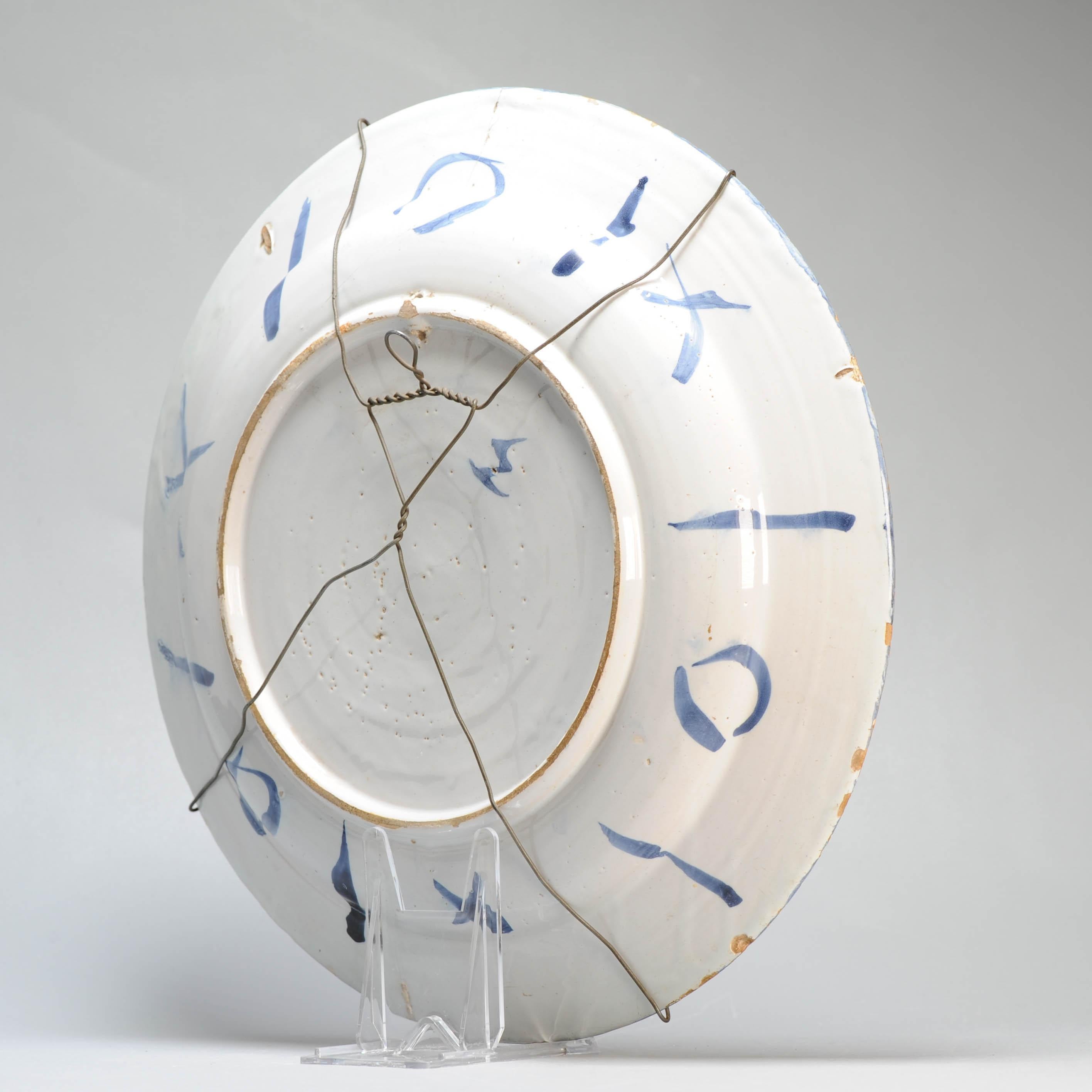 35CM Antique 17/18C Kraak Style Blue White Dutch Delftware Earthenware Charger For Sale 4