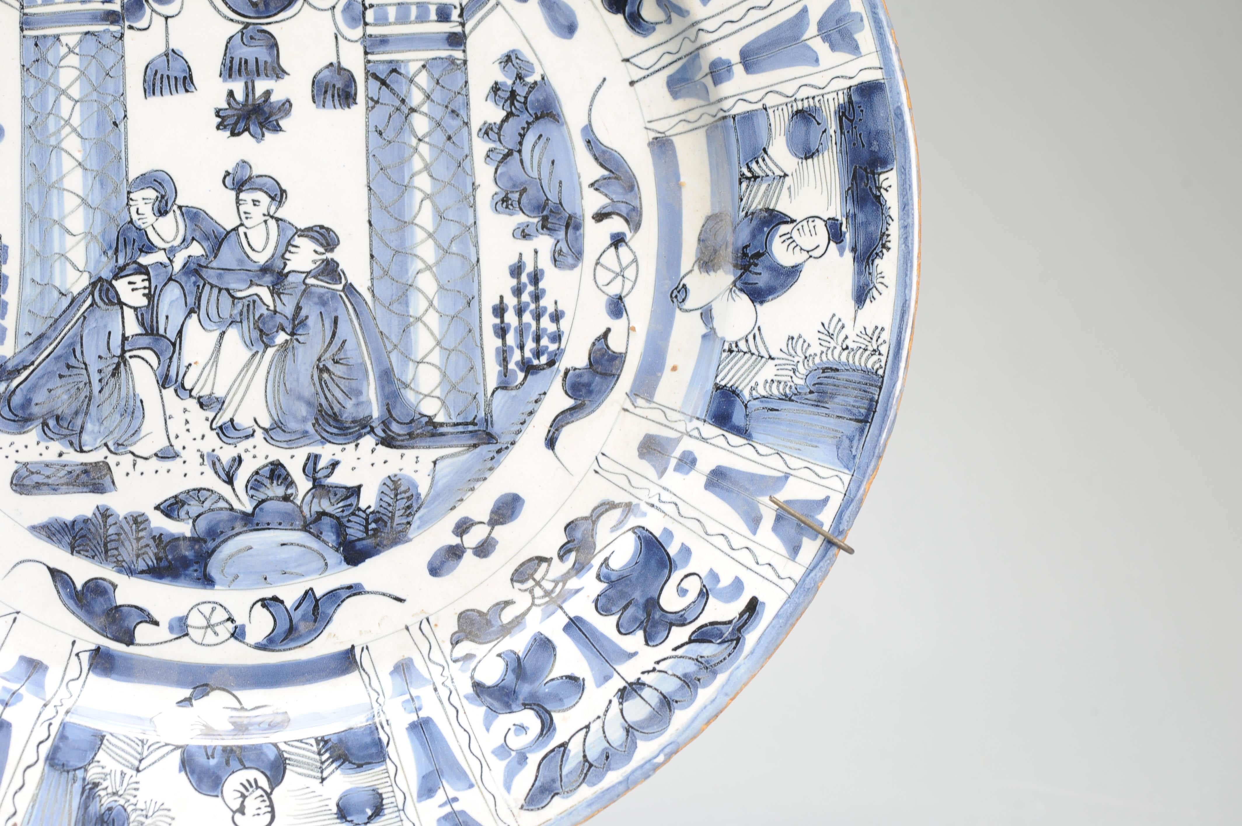 35CM Antique 17/18C Kraak Style Blue White Dutch Delftware Earthenware Charger For Sale 5
