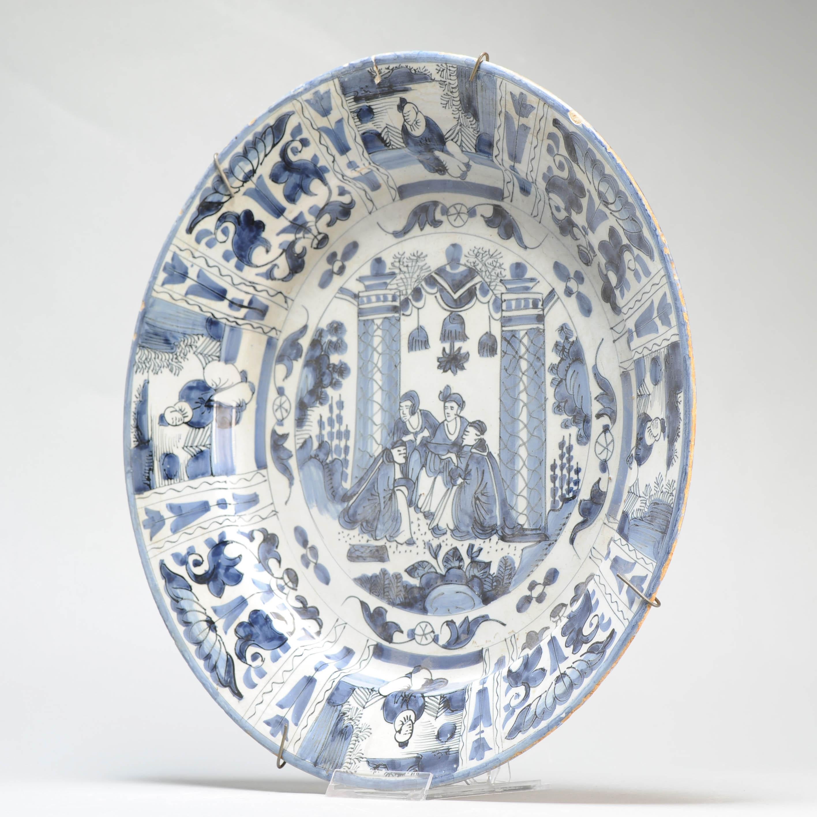 35CM Antique 17/18C Kraak Style Blue White Dutch Delftware Earthenware Charger For Sale 7
