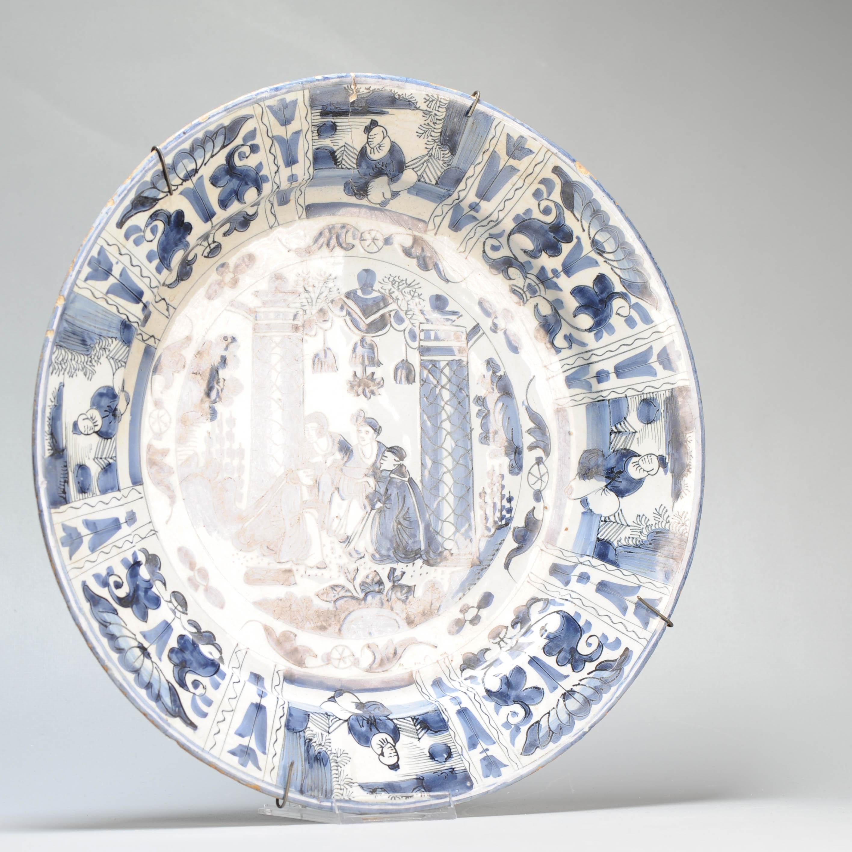 35CM Antique 17/18C Kraak Style Blue White Dutch Delftware Earthenware Charger For Sale 8