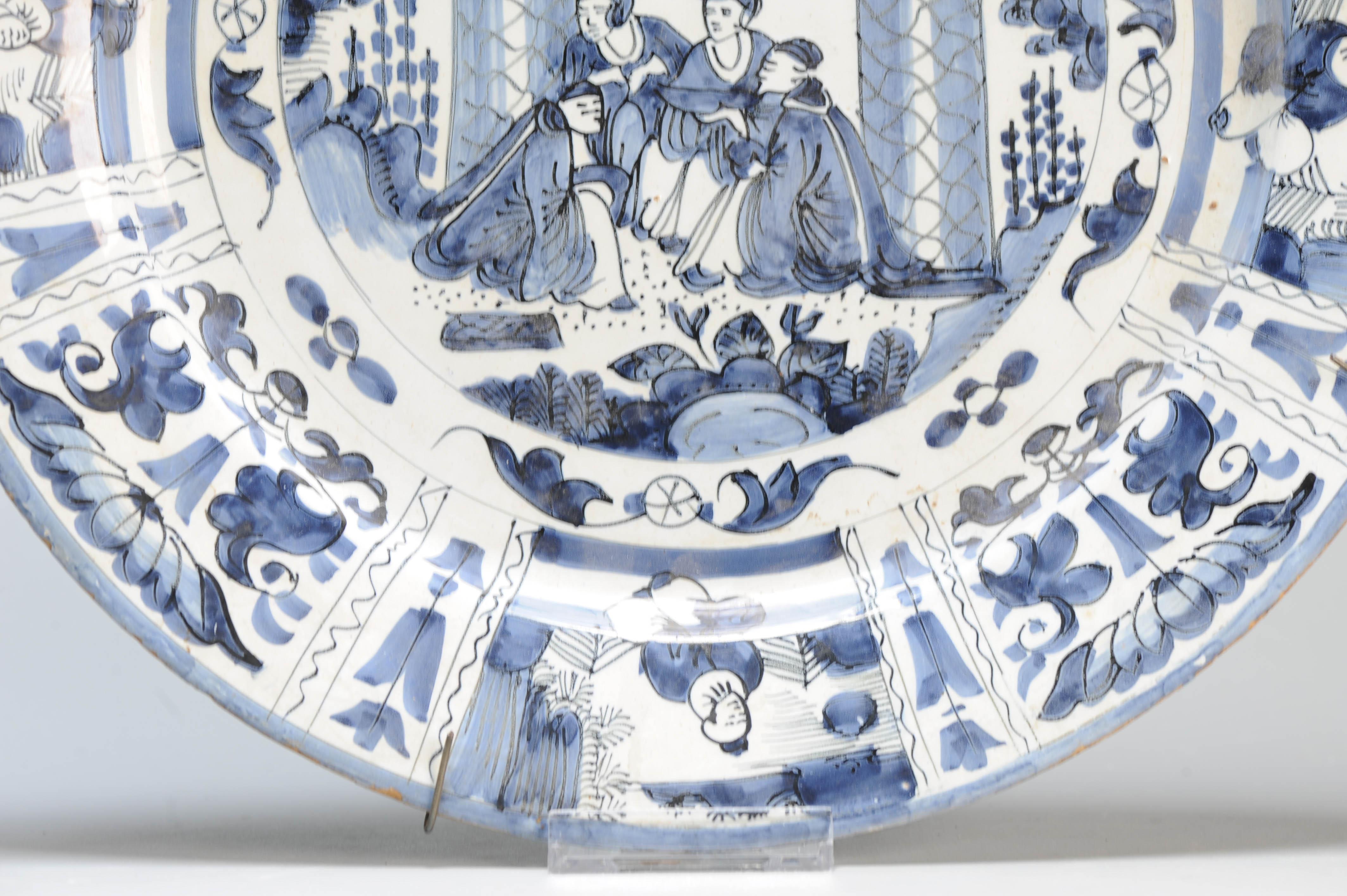 35CM Antique 17/18C Kraak Style Blue White Dutch Delftware Earthenware Charger For Sale 9