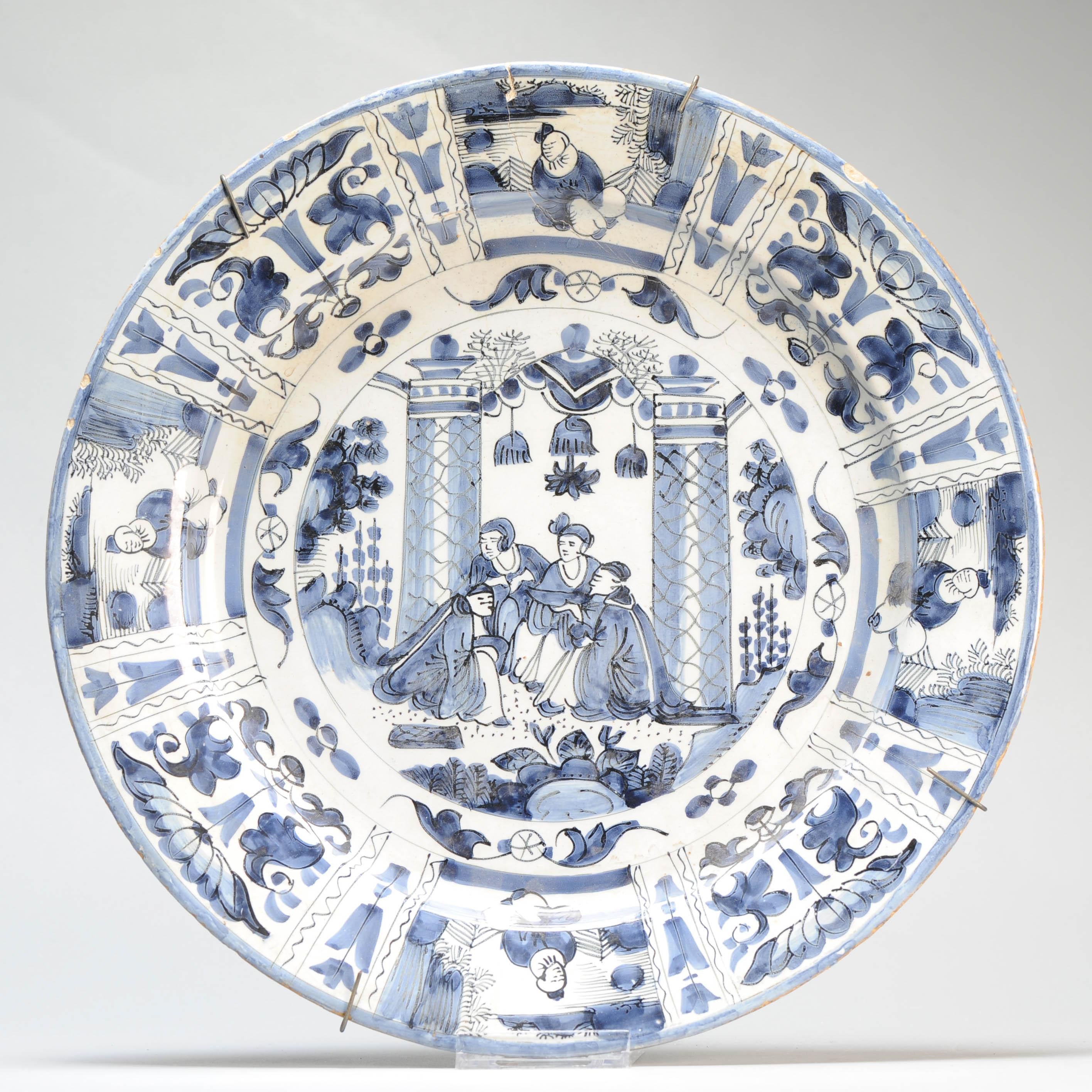 35CM Antique 17/18C Kraak Style Blue White Dutch Delftware Earthenware Charger For Sale 10