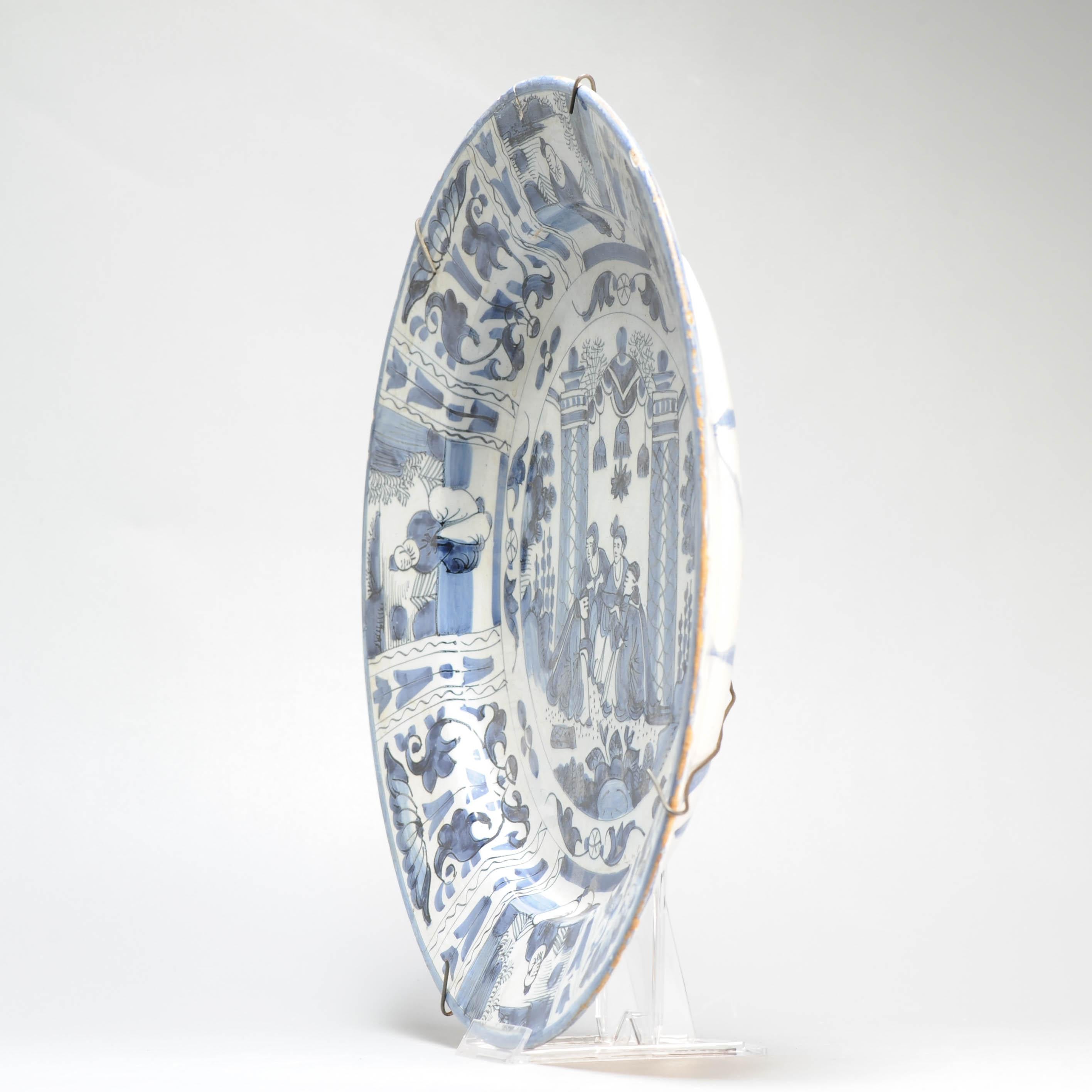 Porcelain 35CM Antique 17/18C Kraak Style Blue White Dutch Delftware Earthenware Charger For Sale