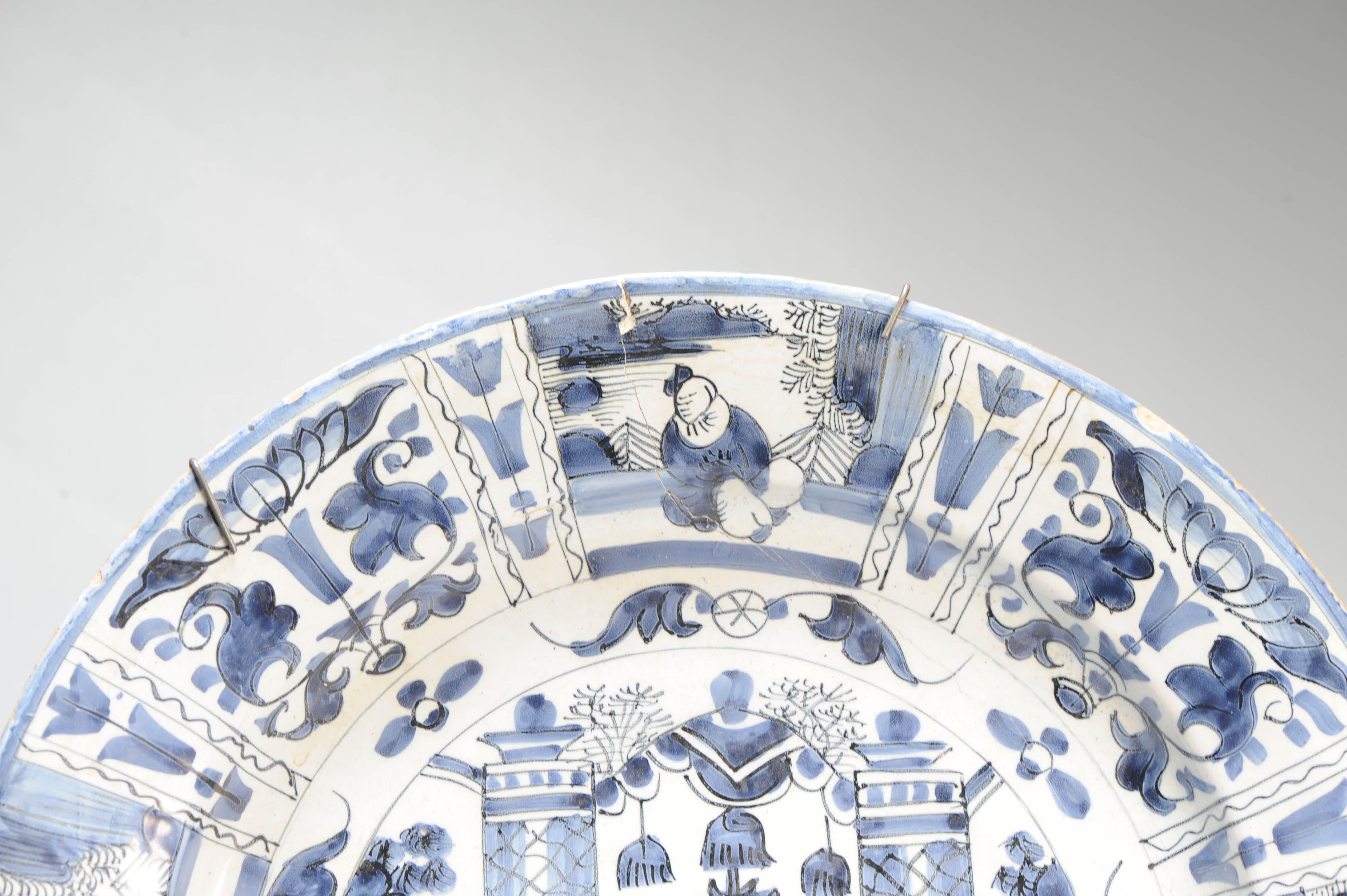 35CM Antique 17/18C Kraak Style Blue White Dutch Delftware Earthenware Charger For Sale 2
