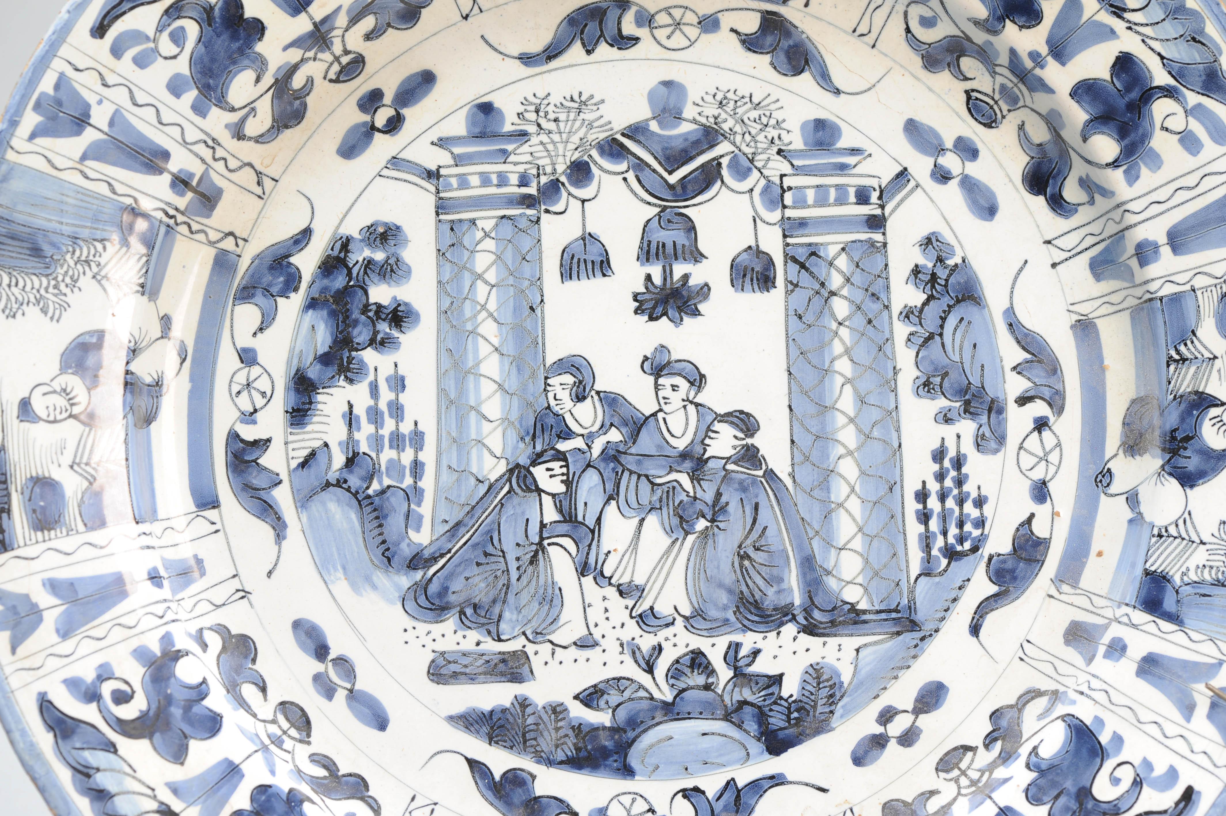 35CM Antique 17/18C Kraak Style Blue White Dutch Delftware Earthenware Charger For Sale 3
