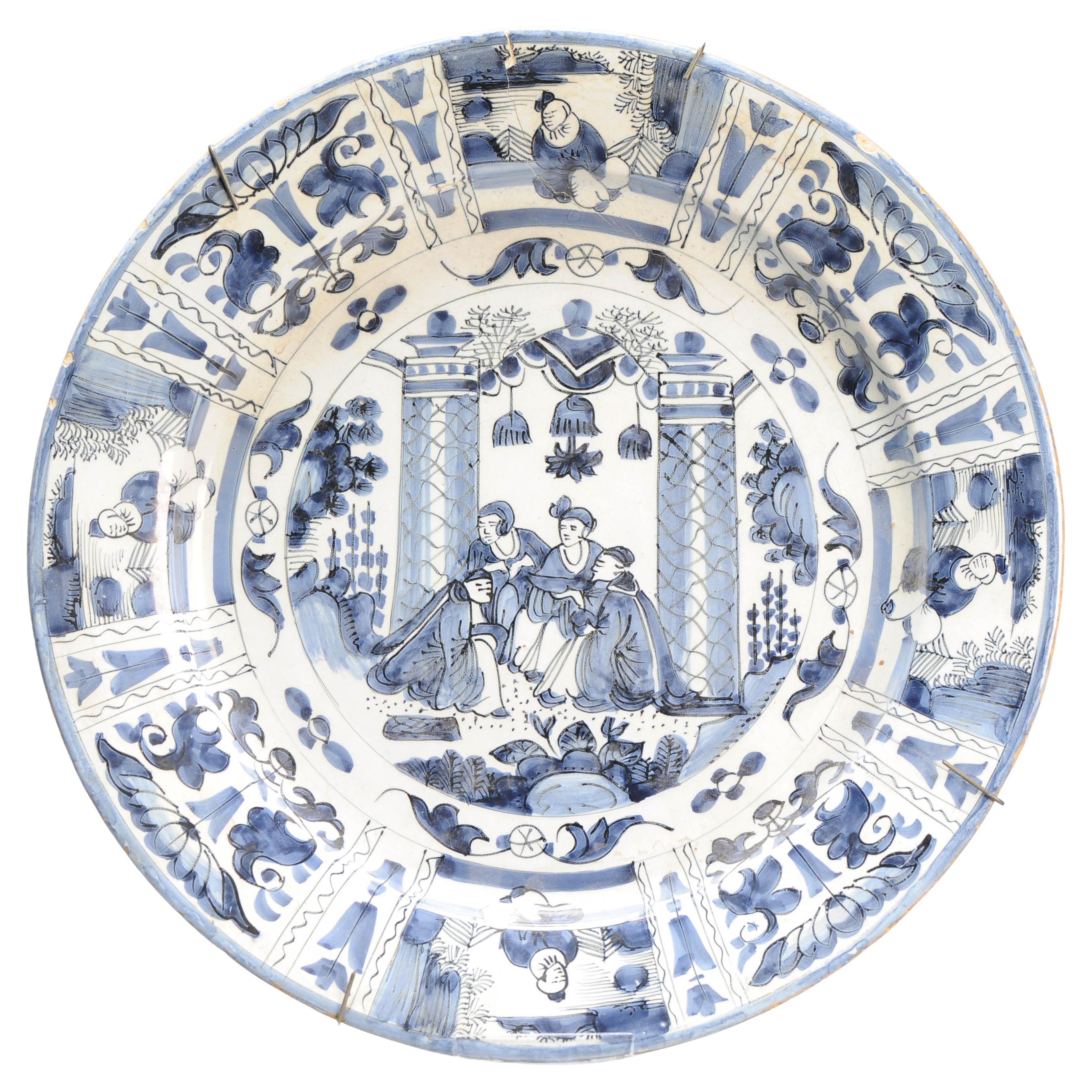 35CM Antique 17/18C Kraak Style Blue White Dutch Delftware Earthenware Charger