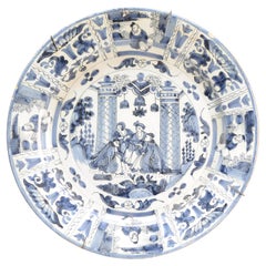 35CM Antiguo 17/18C Estilo Kraak Azul Blanco Holandés Delftware Cargador de loza