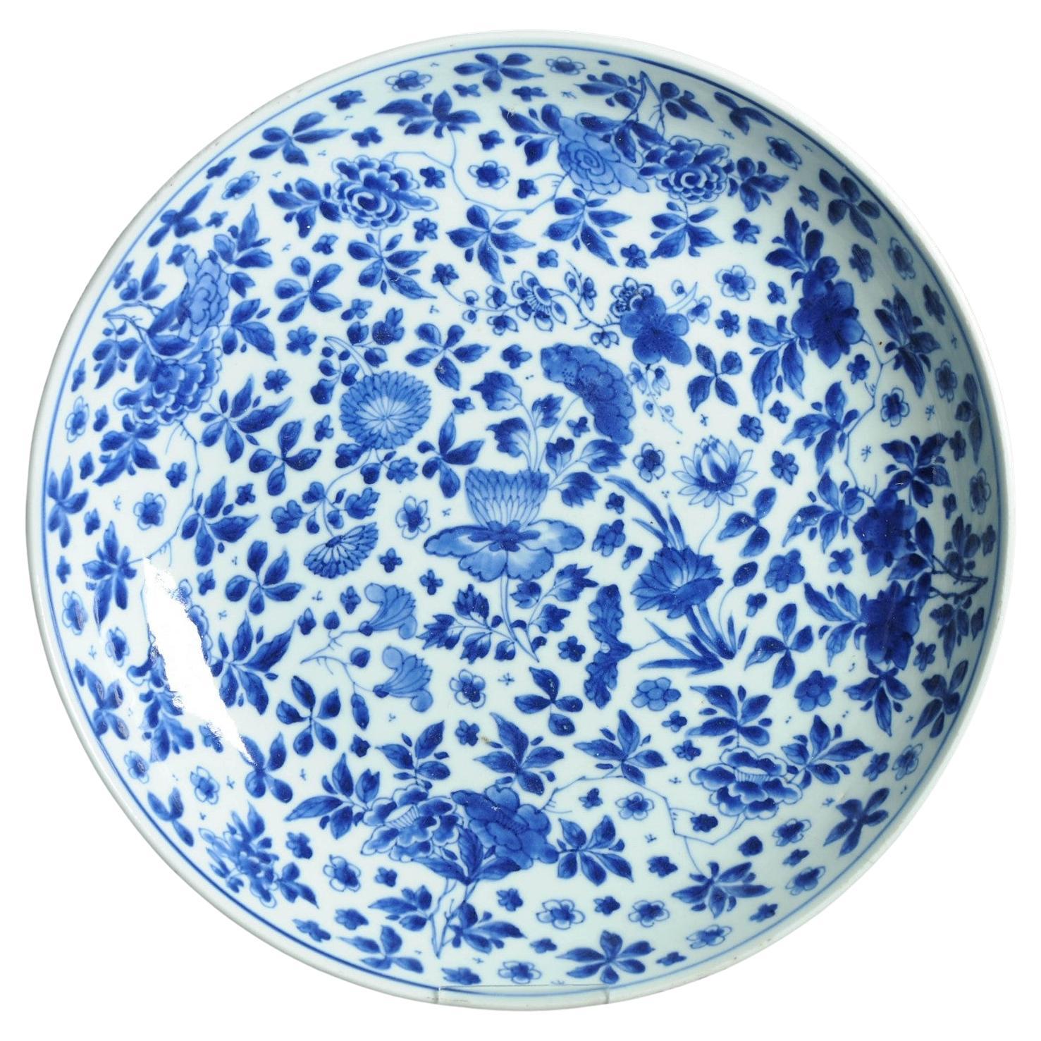 35CM Antique 18C Période Kangxi Porcelaine Chinoise Bleu Blanc Charger Marqué
