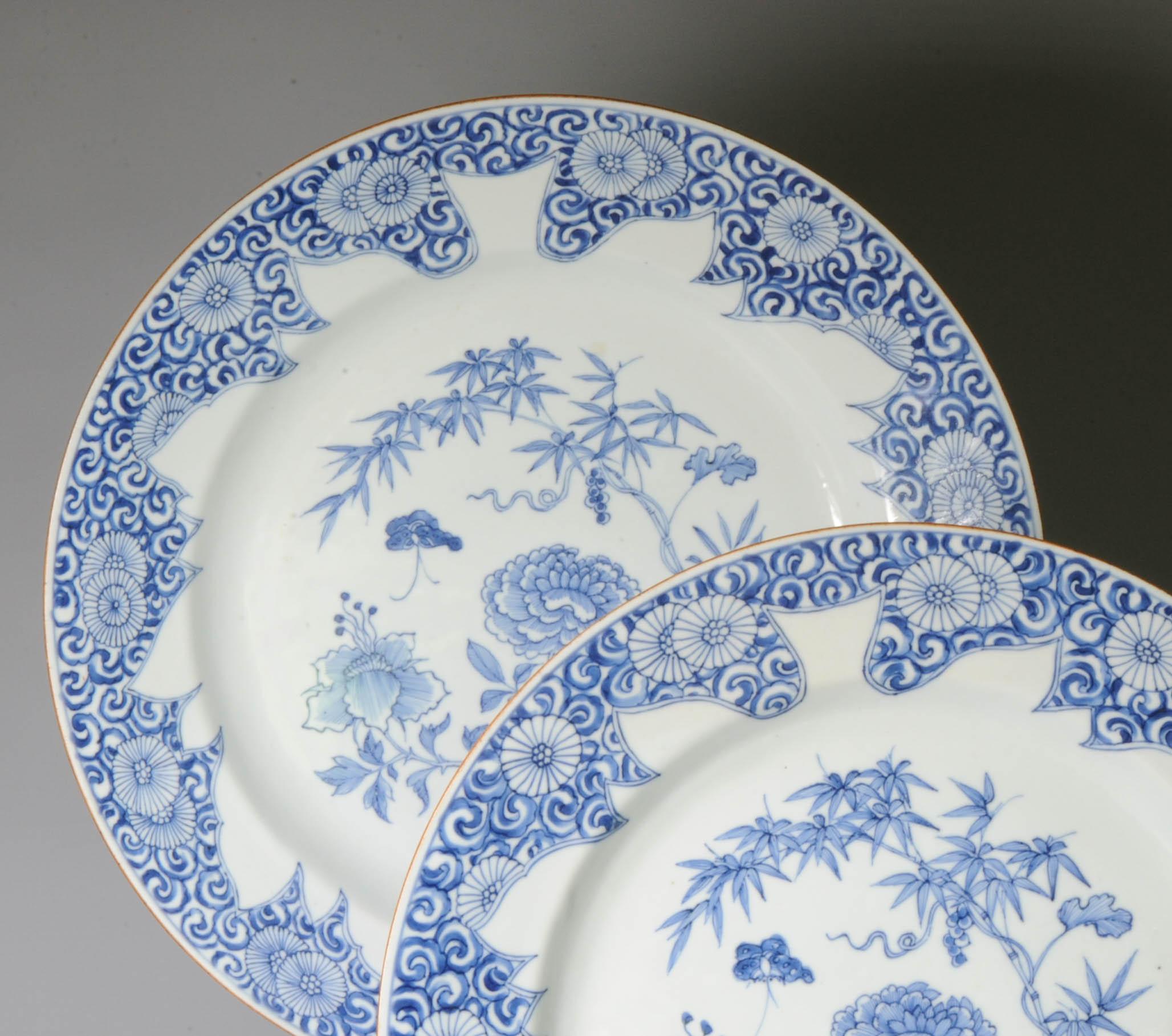 Pair Chinese export porcelain Blue White Large dishes with Leafs deco 3