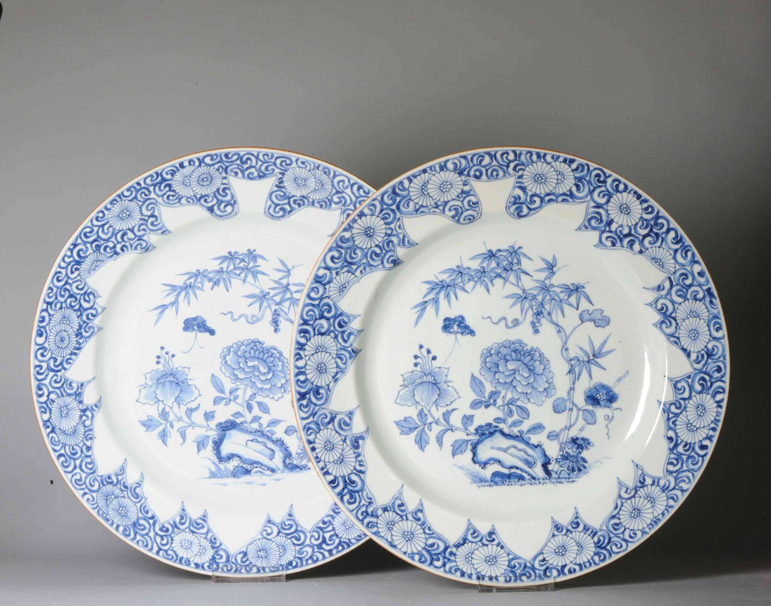 Pair Chinese export porcelain Blue White Large dishes with Leafs deco 4