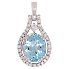 3.5Ct Aquamarine Pendant with Earth Mined Diamond: Solid 14K Gold, Oval 11x9mm