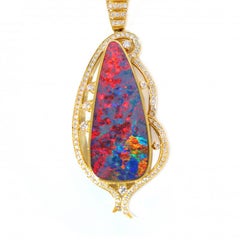 35Ct Australian Lighting Ridge Opal Diamond Necklace 18k Yellow Gold