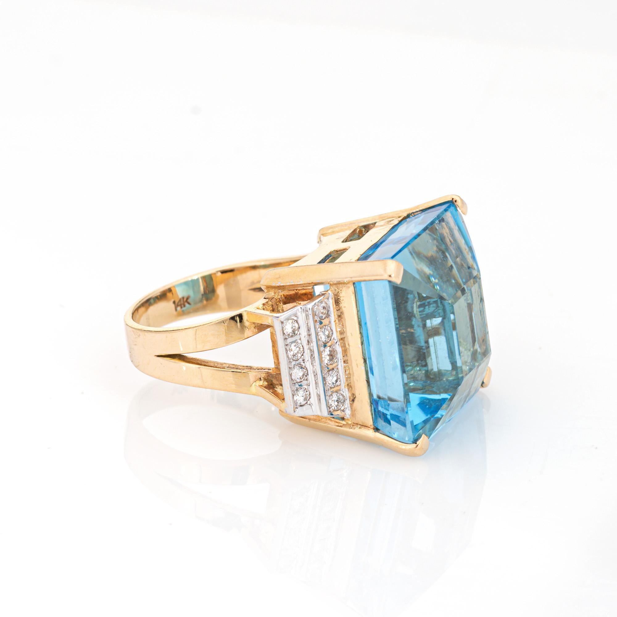 Modern 35ct Blue Topaz Diamond Ring Vintage 14k Yellow Gold Large Cocktail Jewelry Sz 7 For Sale