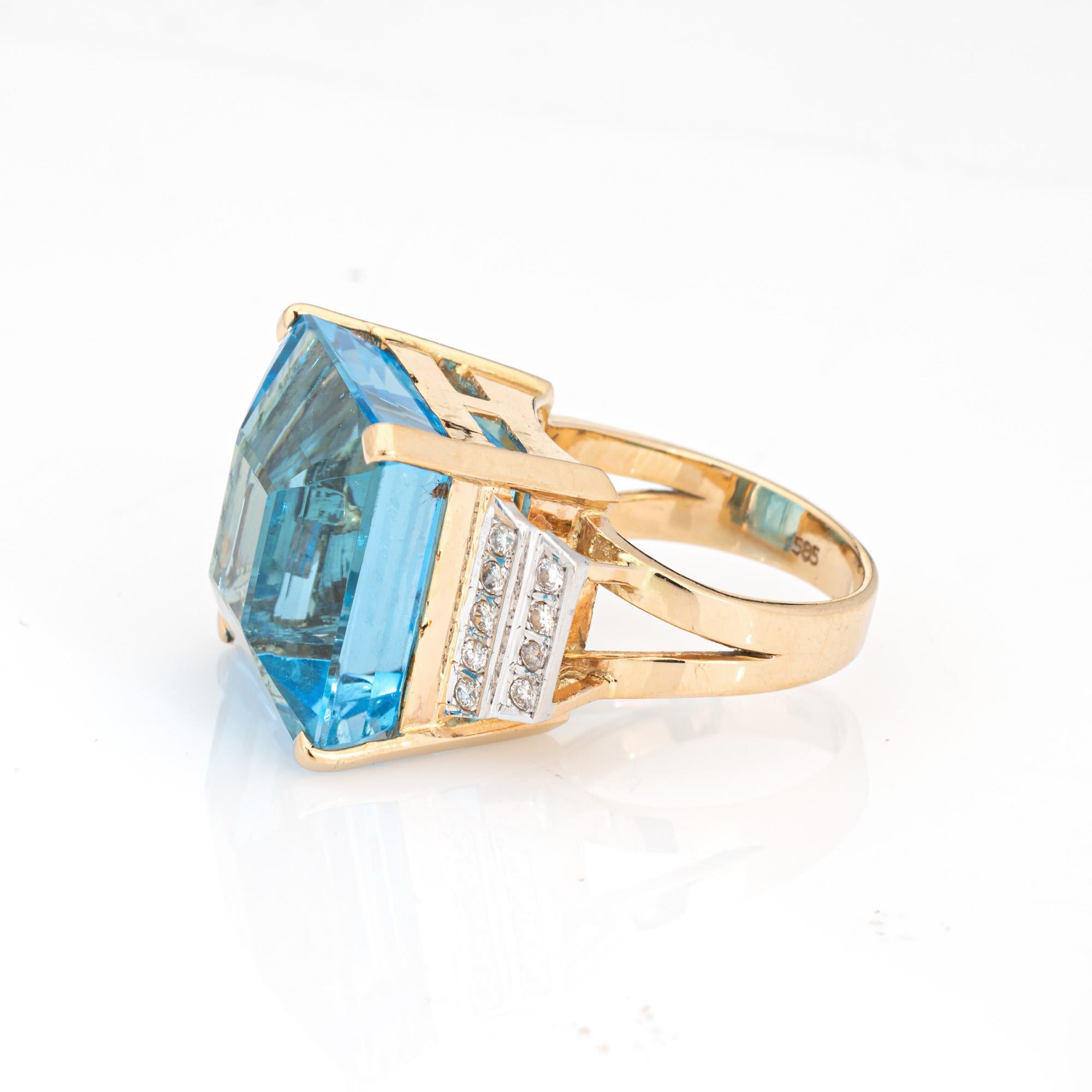 Emerald Cut 35ct Blue Topaz Diamond Ring Vintage 14k Yellow Gold Large Cocktail Jewelry Sz 7 For Sale