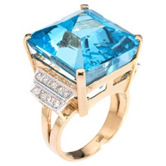 Bague de cocktail vintage en or jaune 14 carats avec topaze bleue 35 carats et diamants, taille 7