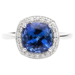 3.5ct Cushion-Cut AAA Tanzanite & Diamond Halo Engagement Ring in 18K White Gold